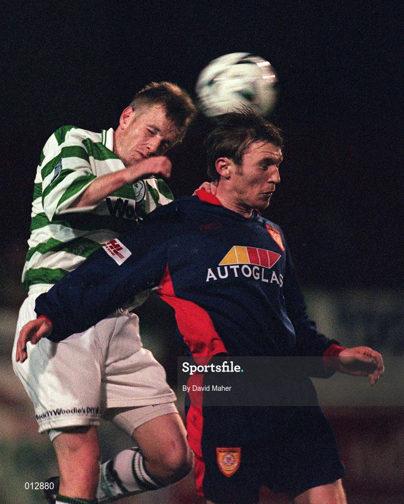 30 October 1998; Trevor Molloy of St Patrick's Athletic in action against Gino brazil of Shamrock Rovers during the Harp Lager National League Premier Division match between Shamrock Rovers and St Patrick's Athletic at Tolka Park in Dublin. Photo by David Maher/Sportsfile