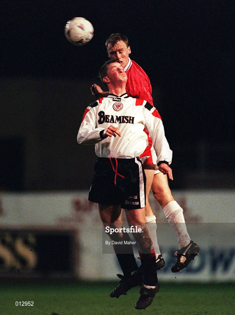 24 February 1998; Tony McCarthy of Shelbourne in action against Sean Flannery of Sligo Rovers during the Harp Lager League Cup Final 2nd Leg match between Shelbourne and Sligo Rovers at Tolka Park in Dublin. Photo by David Maher/Sportsfile