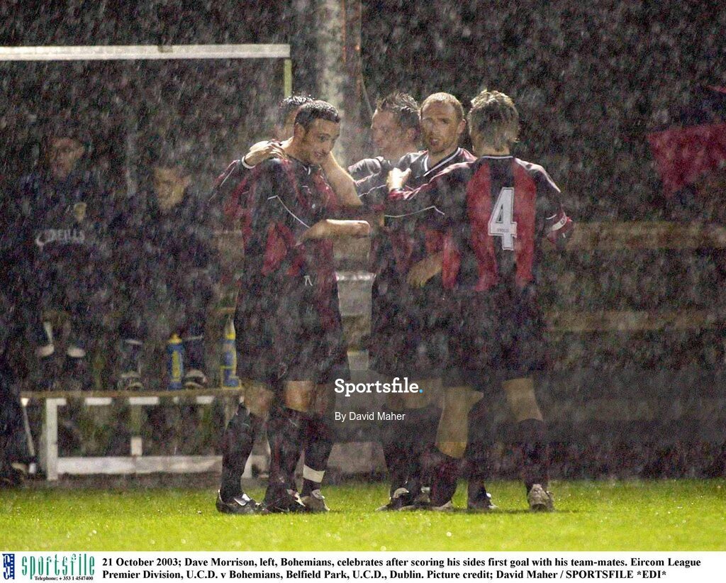 21 October 2003; Dave Morrison, left, Bohemians, celebrates after scoring his sides first goal with his team-mates. Eircom League Premier Division, U.C.D. v Bohemians, Belfield Park, U.C.D., Dublin. Picture credit; David Maher / SPORTSFILE *EDI*