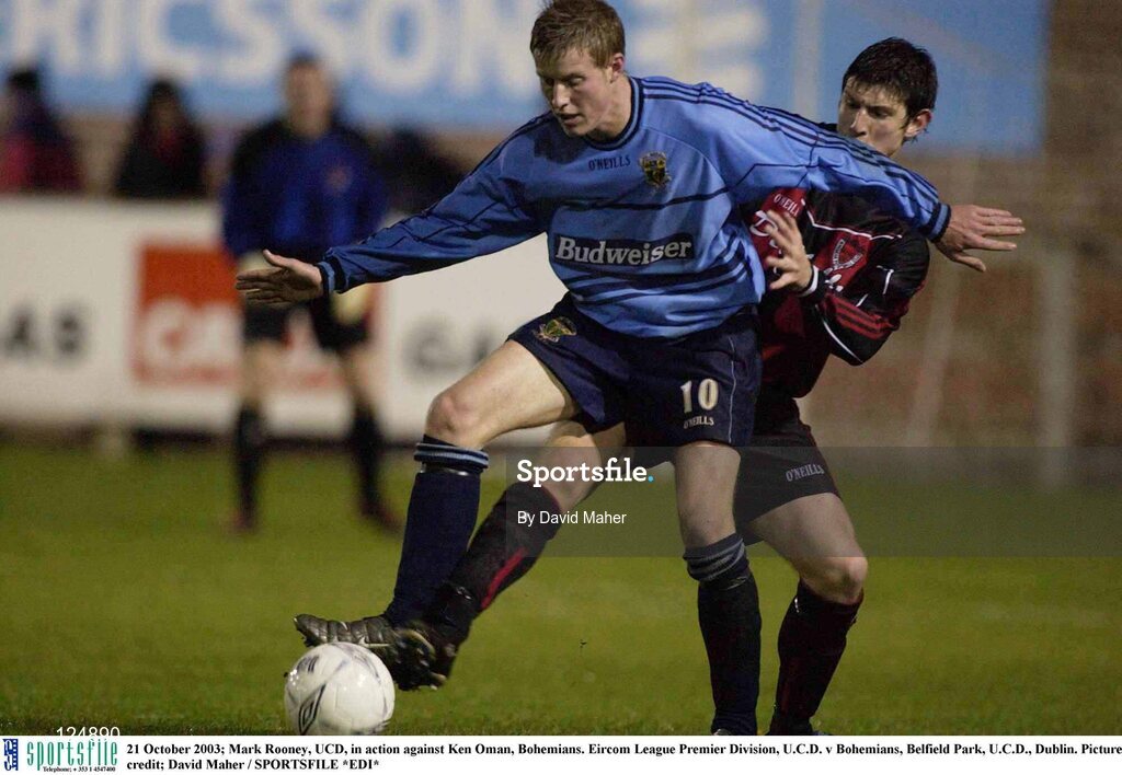 21 October 2003; Mark Rooney, UCD, in action against Ken Oman, Bohemians. Eircom League Premier Division, U.C.D. v Bohemians, Belfield Park, U.C.D., Dublin. Picture credit; David Maher / SPORTSFILE *EDI*