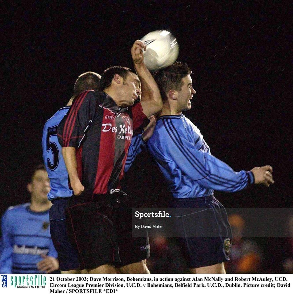 21 October 2003; Dave Morrison, Bohemians, in action against Alan McNally and Robert McAuley, UCD. Eircom League Premier Division, U.C.D. v Bohemians, Belfield Park, U.C.D., Dublin. Picture credit; David Maher / SPORTSFILE *EDI*