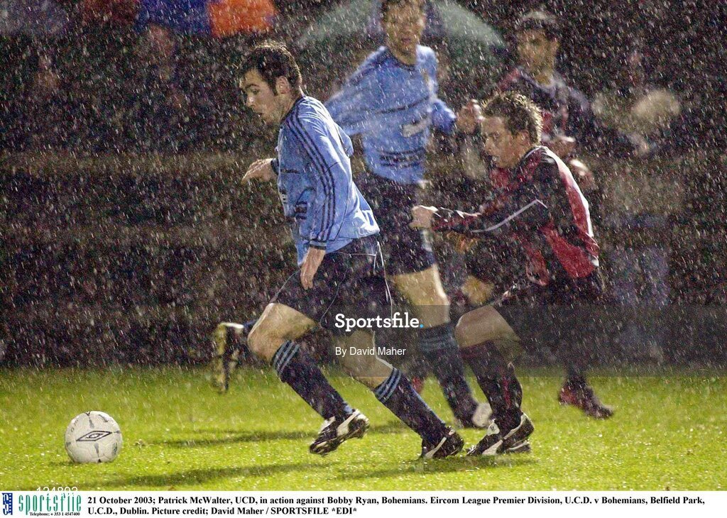 21 October 2003; Patrick McWalter, UCD, in action against Bobby Ryan, Bohemians. Eircom League Premier Division, U.C.D. v Bohemians, Belfield Park, U.C.D., Dublin. Picture credit; David Maher / SPORTSFILE *EDI*