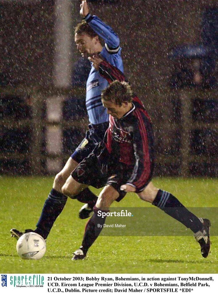 21 October 2003; Bobby Ryan, Bohemians, in action against TonyMcDonnell, UCD. Eircom League Premier Division, U.C.D. v Bohemians, Belfield Park, U.C.D., Dublin. Picture credit; David Maher / SPORTSFILE *EDI*