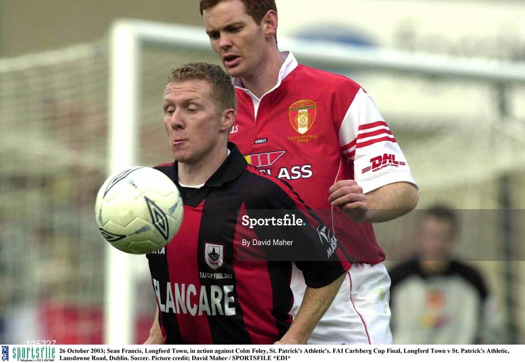 26 October 2003; Sean Francis, Longford Town, in action against Colm Foley, St. Patrick's Athletic's. FAI Carlsberg Cup Final, Longford Town v St. Patrick's Athletic, Lansdowne Road, Dublin. Soccer. Picture credit; David Maher / SPORTSFILE *EDI*