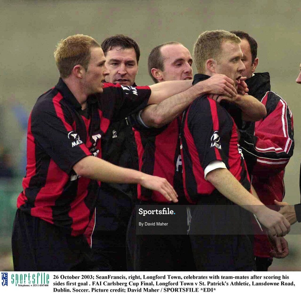 26 October 2003; SeanFrancis, right, Longford Town, celebrates with team-mates after scoring his sides first goal . FAI Carlsberg Cup Final, Longford Town v St. Patrick's Athletic, Lansdowne Road, Dublin. Soccer. Picture credit; David Maher / SPORTSFILE *EDI*