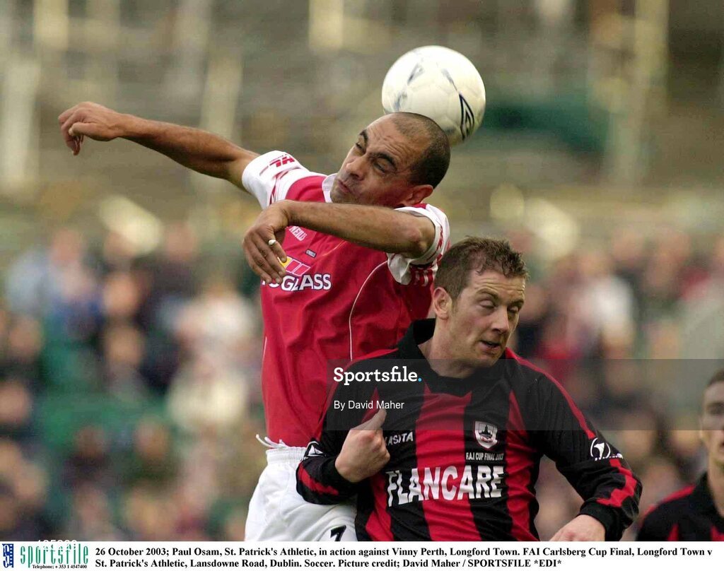 26 October 2003; Paul Osam, St. Patrick's Athletic, in action against Vinny Perth, Longford Town. FAI Carlsberg Cup Final, Longford Town v St. Patrick's Athletic, Lansdowne Road, Dublin. Soccer. Picture credit; David Maher / SPORTSFILE *EDI*