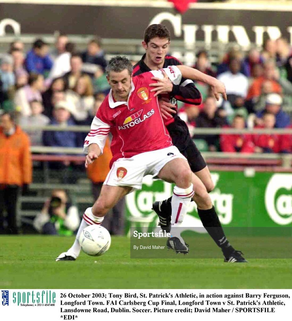 26 October 2003; Tony Bird, St. Patrick's Athletic, in action against Barry Ferguson, Longford Town. FAI Carlsberg Cup Final, Longford Town v St. Patrick's Athletic, Lansdowne Road, Dublin. Soccer. Picture credit; David Maher / SPORTSFILE *EDI*