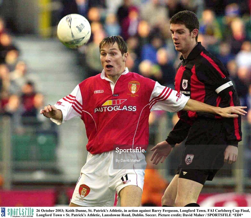 26 October 2003; Keith Dunne, St. Patrick's Athletic, in action against Barry Ferguson, Longford Town. FAI Carlsberg Cup Final, Longford Town v St. Patrick's Athletic, Lansdowne Road, Dublin. Soccer. Picture credit; David Maher / SPORTSFILE *EDI*