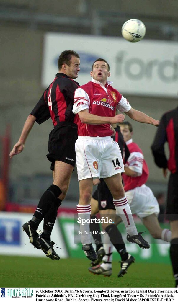 26 October 2003; Brian McGovern, Longford Town, in action against Dave Freeman, St. Patrick's Athletic's. FAI Carlsberg Cup Final, Longford Town v St. Patrick's Athletic, Lansdowne Road, Dublin. Soccer. Picture credit; David Maher / SPORTSFILE *EDI*