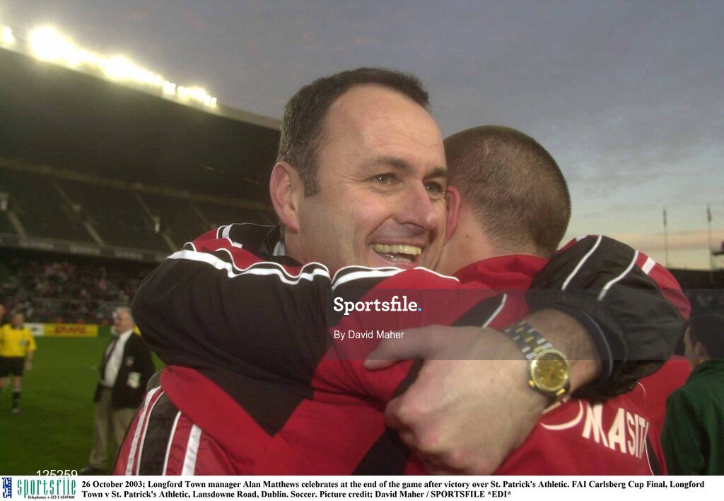 26 October 2003; Longford Town manager Alan Mathews celebrates at the end of the game after victory over St. Patrick's Athletic. FAI Carlsberg Cup Final, Longford Town v St. Patrick's Athletic, Lansdowne Road, Dublin. Soccer. Picture credit; David Maher / SPORTSFILE *EDI*