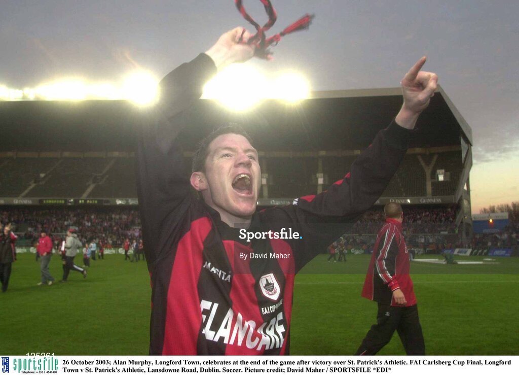 26 October 2003; Alan Murphy, Longford Town, celebrates at the end of the game after victory over St. Patrick's Athletic. FAI Carlsberg Cup Final, Longford Town v St. Patrick's Athletic, Lansdowne Road, Dublin. Soccer. Picture credit; David Maher / SPORTSFILE *EDI*
