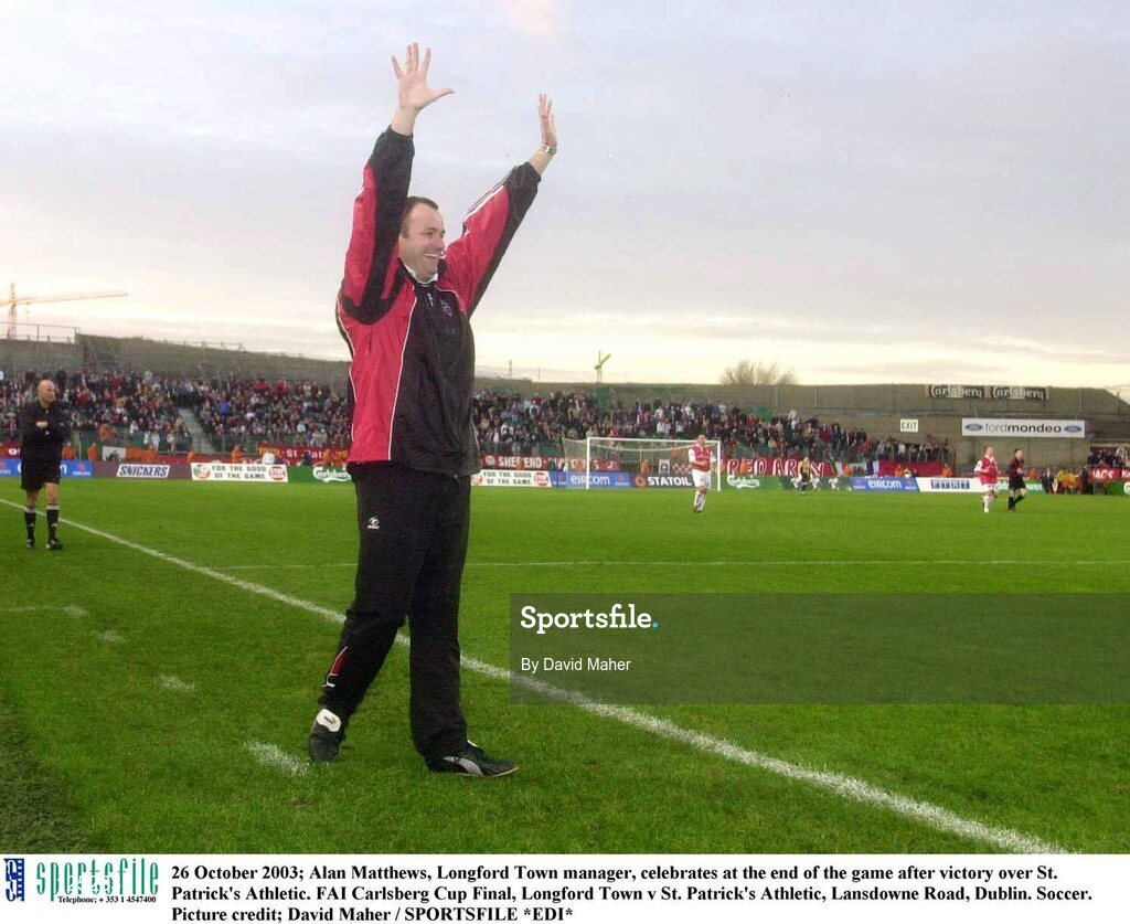 26 October 2003; Alan Mathews, Longford Town manager, celebrates at the end of the game after victory over St. Patrick's Athletic. FAI Carlsberg Cup Final, Longford Town v St. Patrick's Athletic, Lansdowne Road, Dublin. Soccer. Picture credit; David Maher / SPORTSFILE *EDI*