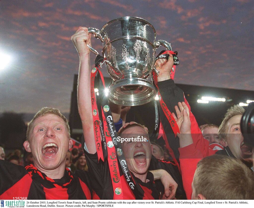 26 October 2003; Longford Town's Sean Francis, left, and Sean Prunty celebrate with the cup after victory over St. Patrick's Athletic. FAI Carlsberg Cup Final, Longford Town v St. Patrick's Athletic, Lansdowne Road, Dublin. Soccer. Picture credit; Pat Murphy / SPORTSFILE