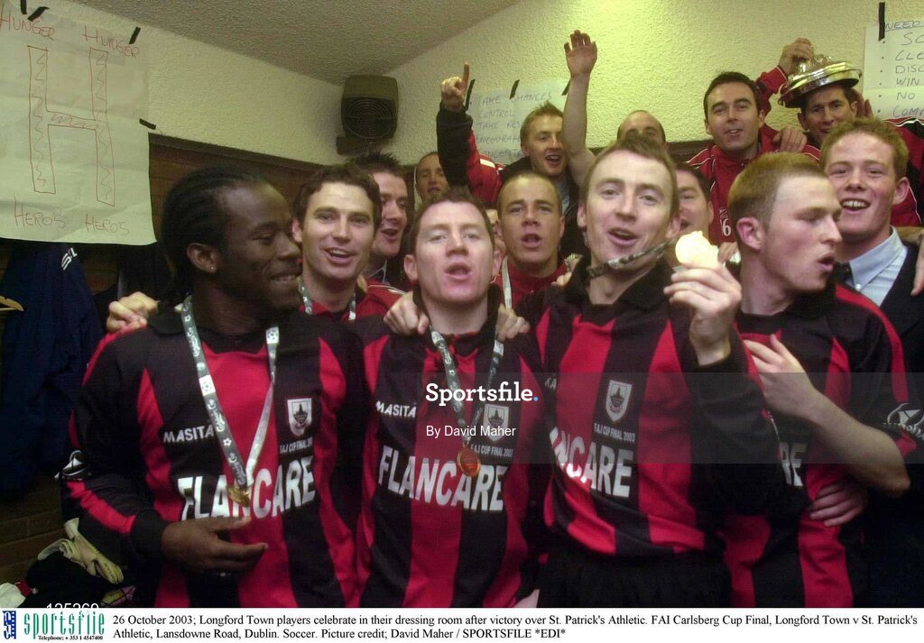 26 October 2003; Longford Town players celebrate in their dressing room after victory over St. Patrick's Athletic. FAI Carlsberg Cup Final, Longford Town v St. Patrick's Athletic, Lansdowne Road, Dublin. Soccer. Picture credit; David Maher / SPORTSFILE *EDI*