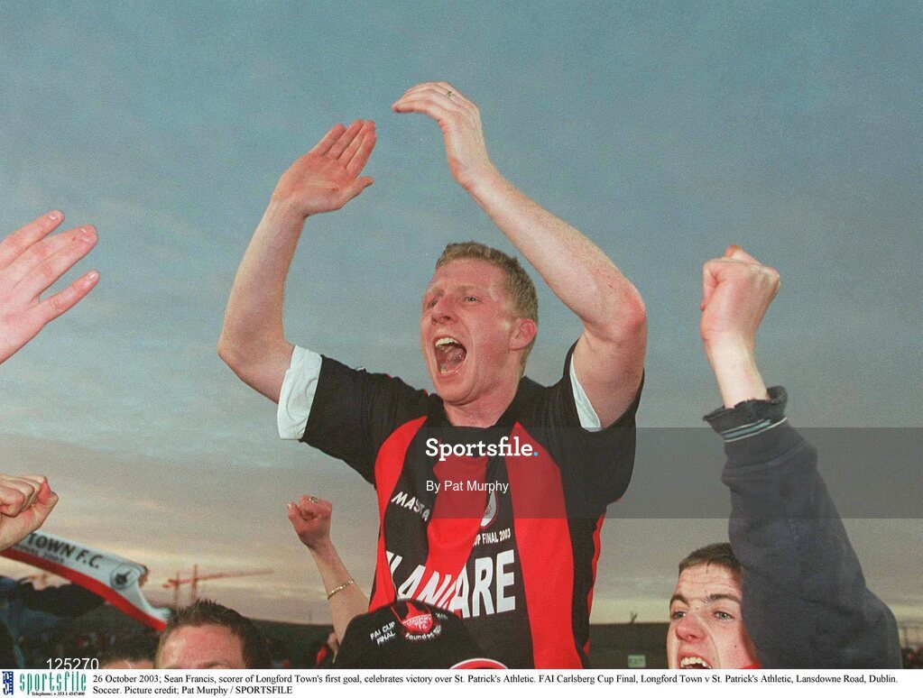 26 October 2003; Sean Francis, scorer of Longford Town's first goal, celebrates victory over St. Patrick's Athletic. FAI Carlsberg Cup Final, Longford Town v St. Patrick's Athletic, Lansdowne Road, Dublin. Soccer. Picture credit; Pat Murphy / SPORTSFILE