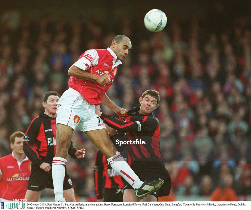 26 October 2003; Paul Osam, St. Patrick's Athletic, in action against Barry Ferguson, Longford Town. FAI Carlsberg Cup Final, Longford Town v St. Patrick's Athletic, Lansdowne Road, Dublin. Soccer. Picture credit; Pat Murphy / SPORTSFILE