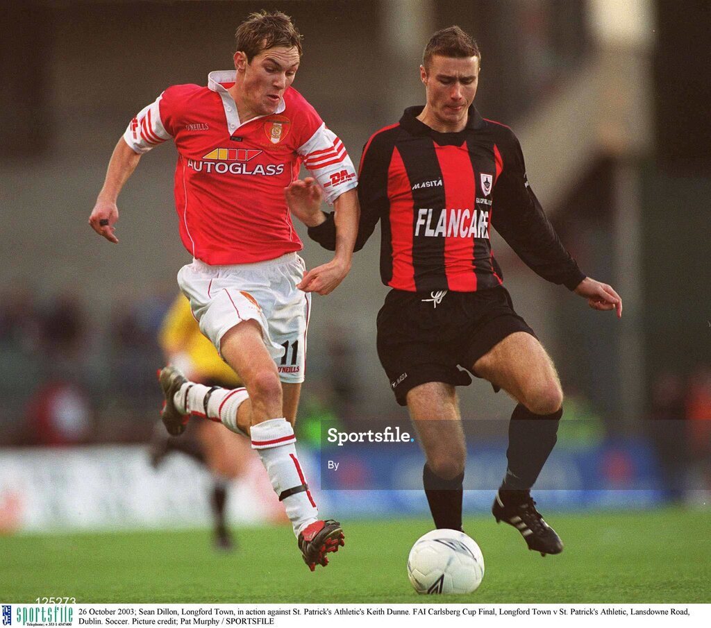 26 October 2003; Sean Dillon, Longford Town, in action against St. Patrick's Athletic's Keith Dunne. FAI Carlsberg Cup Final, Longford Town v St. Patrick's Athletic, Lansdowne Road, Dublin. Soccer. Picture credit; Pat Murphy / SPORTSFILE