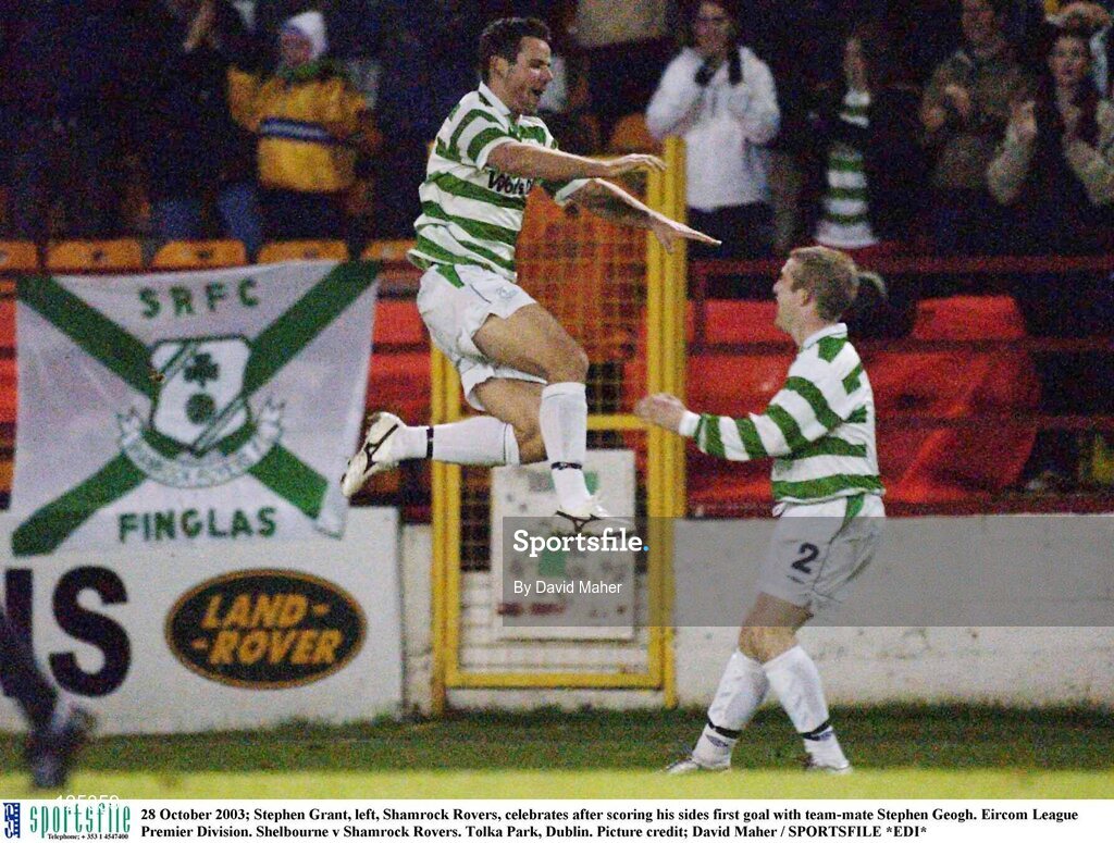 28 October 2003; Stephen Grant, left, Shamrock Rovers, celebrates after scoring his sides first goal with team-mate Stephen Geogh. Eircom League Premier Division. Shelbourne v Shamrock Rovers. Tolka Park, Dublin. Picture credit; David Maher / SPORTSFILE *EDI*