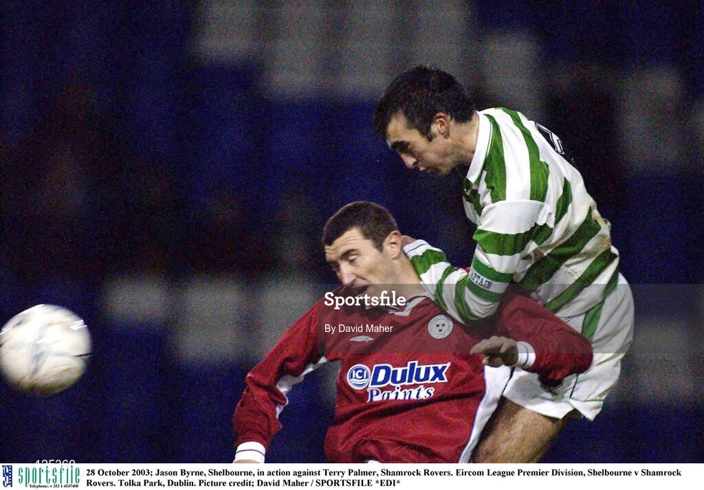 28 October 2003; Jason Byrne, Shelbourne, in action against Terry Palmer, Shamrock Rovers. Eircom League Premier Division, Shelbourne v Shamrock Rovers. Tolka Park, Dublin. Picture credit; David Maher / SPORTSFILE *EDI*