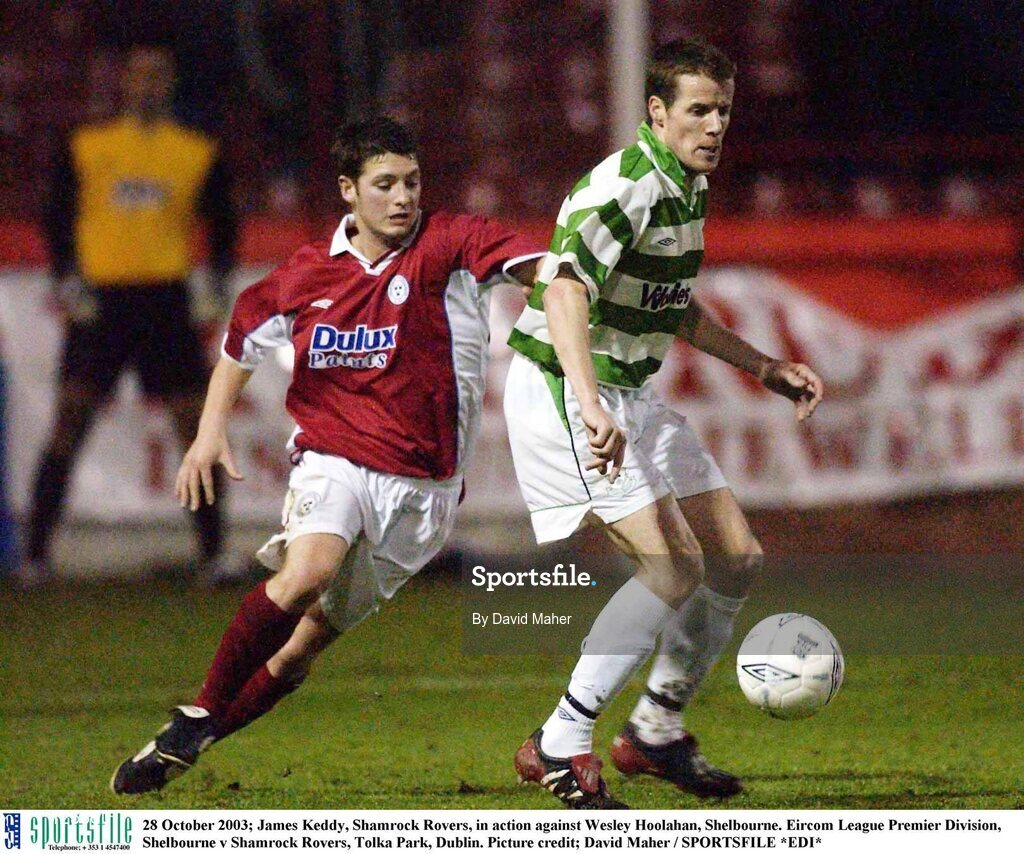 28 October 2003; James Keddy, Shamrock Rovers, in action against Wesley Hoolahan, Shelbourne. Eircom League Premier Division, Shelbourne v Shamrock Rovers, Tolka Park, Dublin. Picture credit; David Maher / SPORTSFILE *EDI*