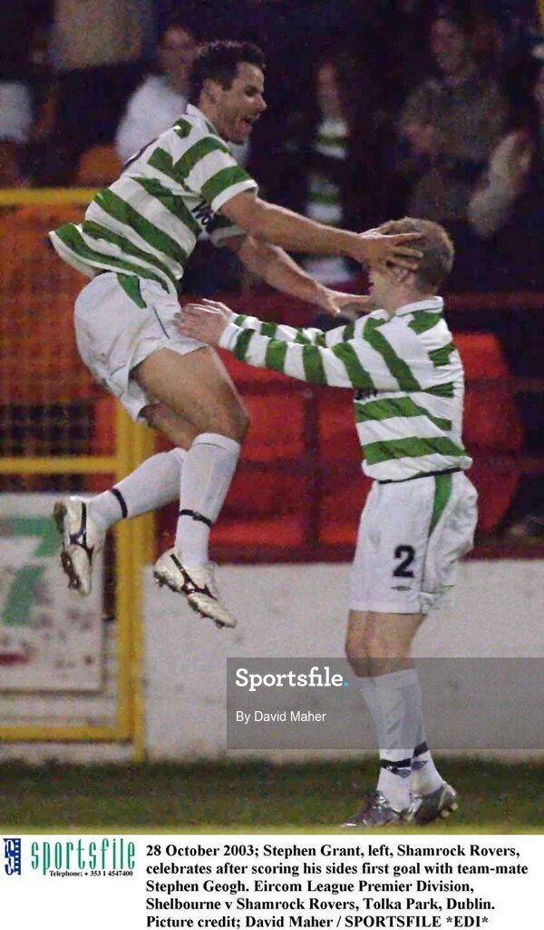 28 October 2003; Stephen Grant, left, Shamrock Rovers, celebrates after scoring his sides first goal with team-mate Stephen Geogh. Eircom League Premier Division, Shelbourne v Shamrock Rovers, Tolka Park, Dublin. Picture credit; David Maher / SPORTSFILE *EDI*
