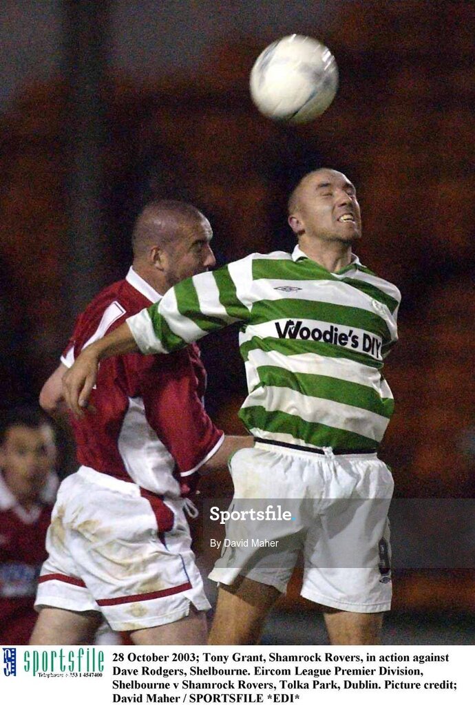 28 October 2003; Tony Grant, Shamrock Rovers, in action against Dave Rodgers, Shelbourne. Eircom League Premier Division, Shelbourne v Shamrock Rovers, Tolka Park, Dublin. Picture credit; David Maher / SPORTSFILE *EDI*
