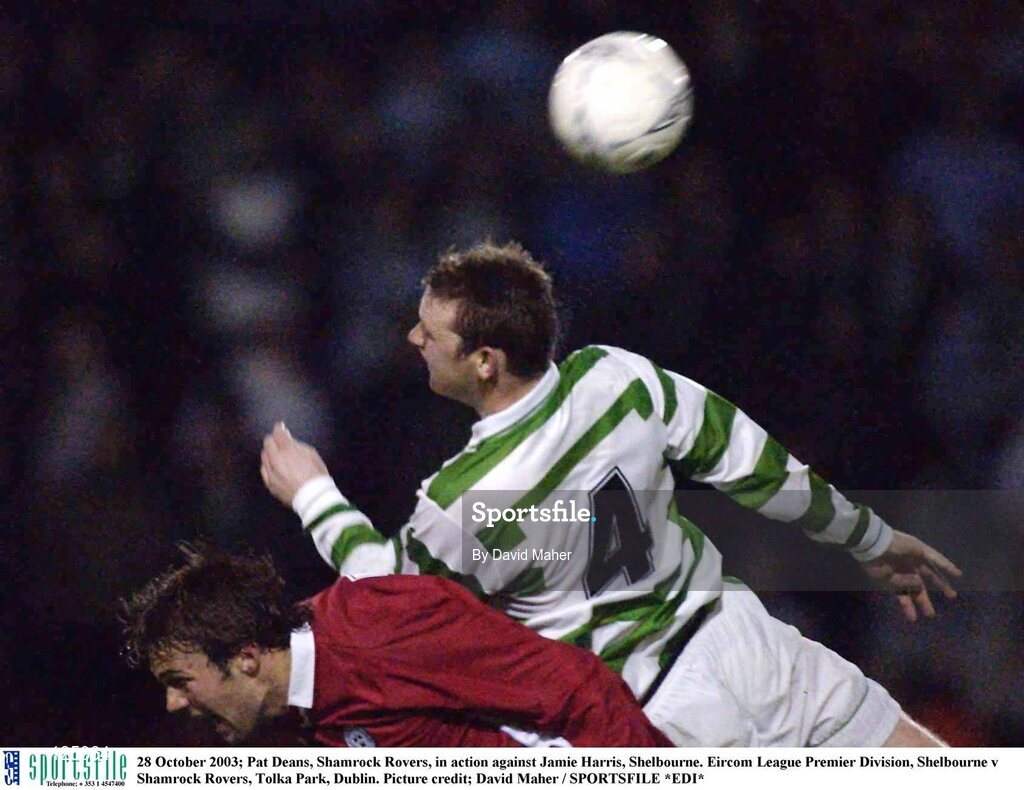 28 October 2003; Pat Deans, Shamrock Rovers, in action against Jamie Harris, Shelbourne. Eircom League Premier Division, Shelbourne v Shamrock Rovers, Tolka Park, Dublin. Picture credit; David Maher / SPORTSFILE *EDI*