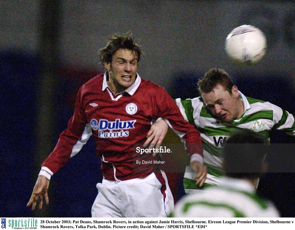 28 October 2003; Pat Deans, Shamrock Rovers, in action against Jamie Harris, Shelbourne. Eircom League Premier Division, Shelbourne v Shamrock Rovers, Tolka Park, Dublin. Picture credit; David Maher / SPORTSFILE *EDI*