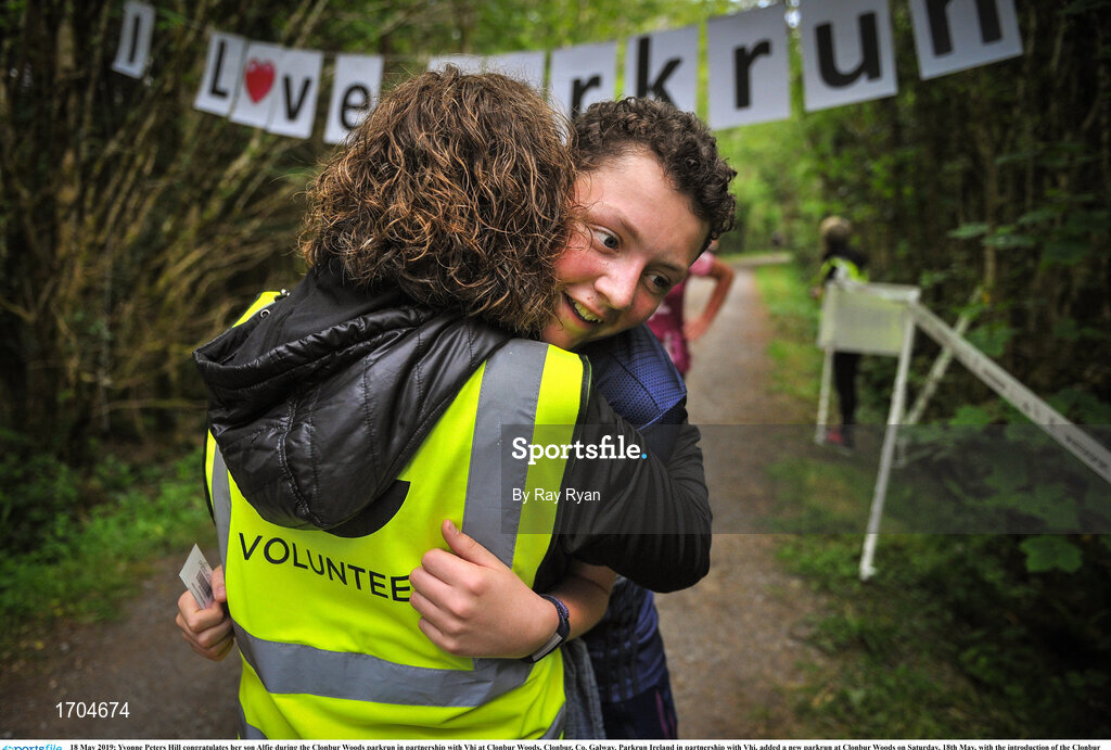 18 May 2019; Yvonne Peters Hill congratulates her son Alfie during the Clonbur Woods parkrun in partnership with Vhi at Clonbur Woods, Clonbur, Co. Galway. Parkrun Ireland in partnership with Vhi, added a new parkrun at Clonbur Woods on Saturday, 18th May, with the introduction of the Clonbur Woods parkrun in Clonbur, Co. Galway. Parkruns take place over a 5km course weekly, are free to enter and are open to all ages and abilities, providing a fun and safe environment to enjoy exercise. To register for a parkrun near you visit www.parkrun.ie. Photo by Ray Ryan/Sportsfile