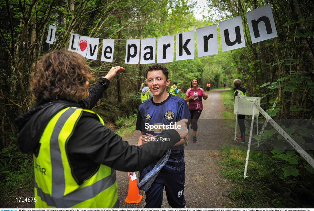18 May 2019; Yvonne Peters Hill congratulates her son Alfie as he crosses the line during the Clonbur Woods parkrun in partnership with Vhi at Clonbur Woods, Clonbur, Co. Galway. Parkrun Ireland in partnership with Vhi, added a new parkrun at Clonbur Woods on Saturday, 18th May, with the introduction of the Clonbur Woods parkrun in Clonbur, Co. Galway. Parkruns take place over a 5km course weekly, are free to enter and are open to all ages and abilities, providing a fun and safe environment to enjoy exercise. To register for a parkrun near you visit www.parkrun.ie. Photo by Ray Ryan/Sportsfile