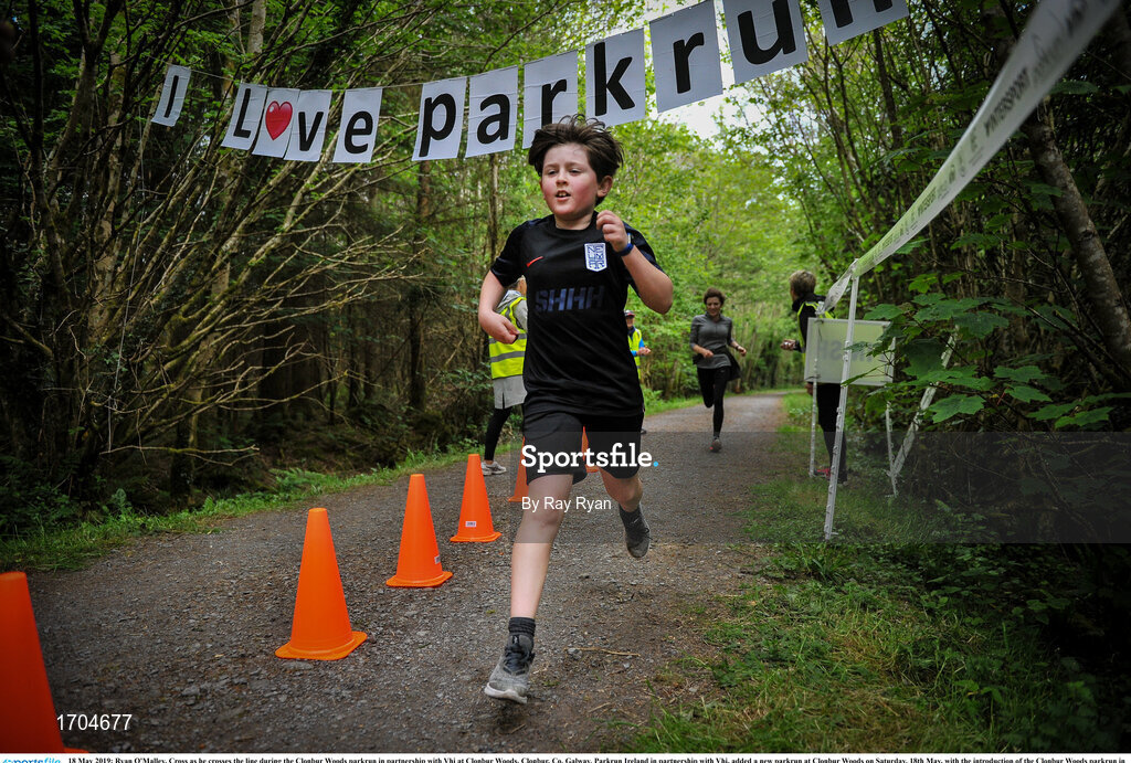18 May 2019; Ryan O'Malley, Cross as he crosses the line during the Clonbur Woods parkrun in partnership with Vhi at Clonbur Woods, Clonbur, Co. Galway. Parkrun Ireland in partnership with Vhi, added a new parkrun at Clonbur Woods on Saturday, 18th May, with the introduction of the Clonbur Woods parkrun in Clonbur, Co. Galway. Parkruns take place over a 5km course weekly, are free to enter and are open to all ages and abilities, providing a fun and safe environment to enjoy exercise. To register for a parkrun near you visit www.parkrun.ie. Photo by Ray Ryan/Sportsfile