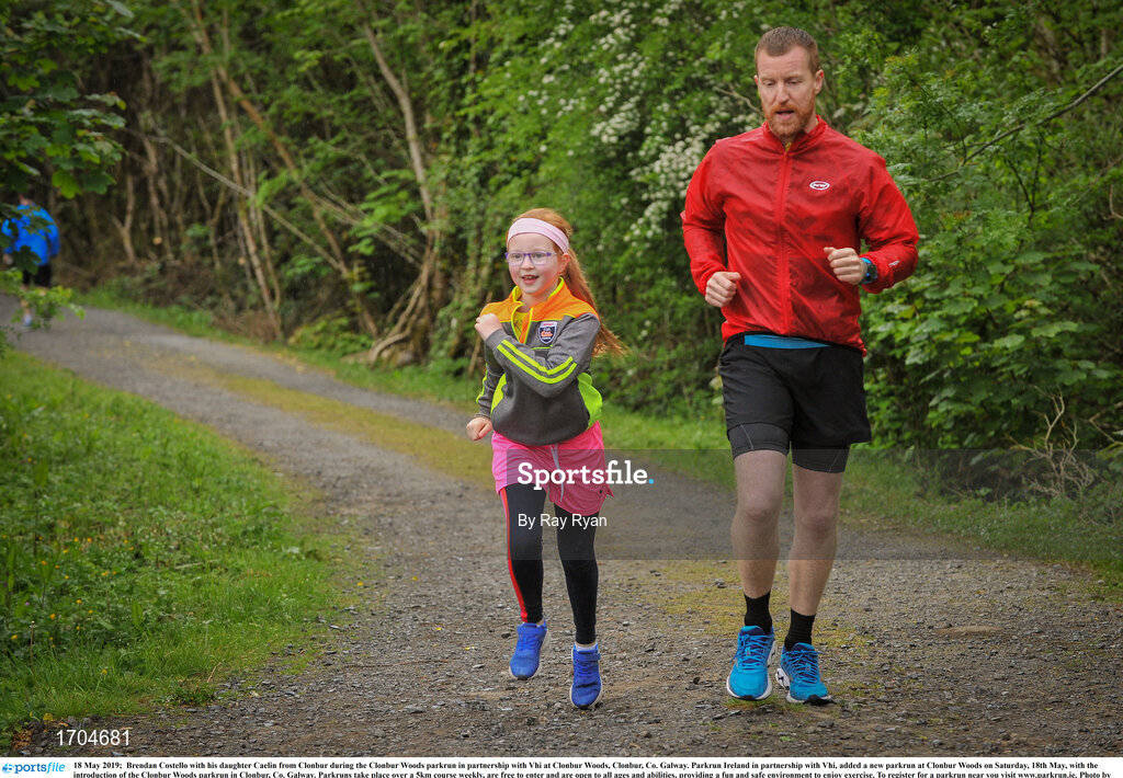 18 May 2019;  Brendan Costello with his daughter Caelin from Clonbur during the Clonbur Woods parkrun in partnership with Vhi at Clonbur Woods, Clonbur, Co. Galway. Parkrun Ireland in partnership with Vhi, added a new parkrun at Clonbur Woods on Saturday, 18th May, with the introduction of the Clonbur Woods parkrun in Clonbur, Co. Galway. Parkruns take place over a 5km course weekly, are free to enter and are open to all ages and abilities, providing a fun and safe environment to enjoy exercise. To register for a parkrun near you visit www.parkrun.ie. Photo by Ray Ryan/Sportsfile