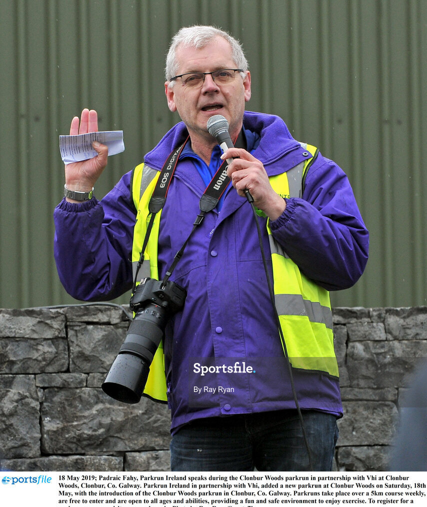 18 May 2019; Padraic Fahy, Parkrun Ireland speaks during the Clonbur Woods parkrun in partnership with Vhi at Clonbur Woods, Clonbur, Co. Galway. Parkrun Ireland in partnership with Vhi, added a new parkrun at Clonbur Woods on Saturday, 18th May, with the introduction of the Clonbur Woods parkrun in Clonbur, Co. Galway. Parkruns take place over a 5km course weekly, are free to enter and are open to all ages and abilities, providing a fun and safe environment to enjoy exercise. To register for a parkrun near you visit www.parkrun.ie. Photo by Ray Ryan/Sportsfile