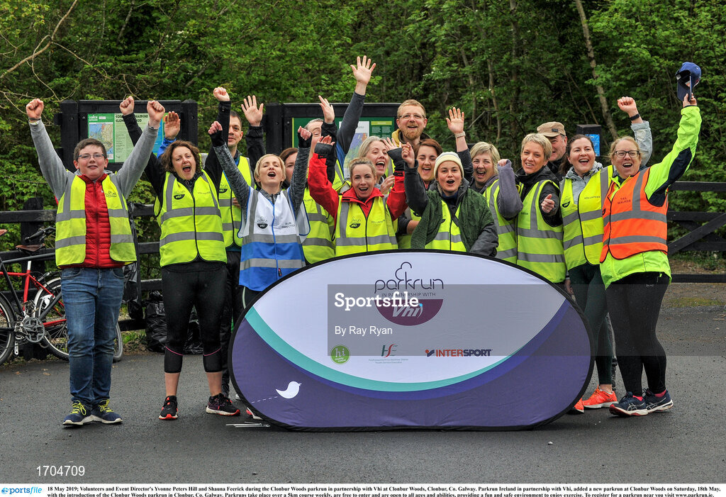 18 May 2019; Volunteers and Event Director's Yvonne Peters Hill and Shauna Feerick during the Clonbur Woods parkrun in partnership with Vhi at Clonbur Woods, Clonbur, Co. Galway. Parkrun Ireland in partnership with Vhi, added a new parkrun at Clonbur Woods on Saturday, 18th May, with the introduction of the Clonbur Woods parkrun in Clonbur, Co. Galway. Parkruns take place over a 5km course weekly, are free to enter and are open to all ages and abilities, providing a fun and safe environment to enjoy exercise. To register for a parkrun near you visit www.parkrun.ie. Photo by Ray Ryan/Sportsfile