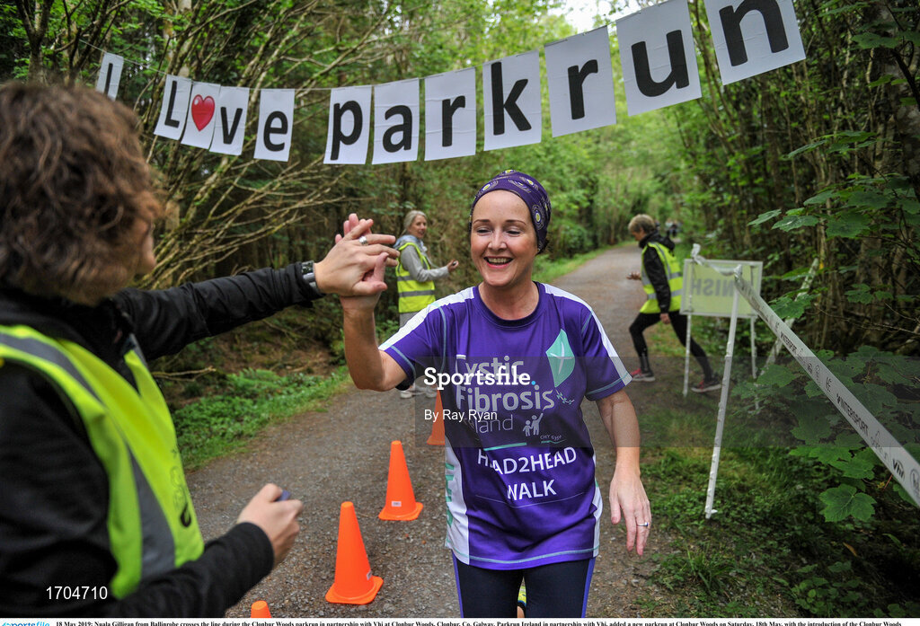 18 May 2019; Nuala Gilligan from Ballinrobe crosses the line during the Clonbur Woods parkrun in partnership with Vhi at Clonbur Woods, Clonbur, Co. Galway. Parkrun Ireland in partnership with Vhi, added a new parkrun at Clonbur Woods on Saturday, 18th May, with the introduction of the Clonbur Woods parkrun in Clonbur, Co. Galway. Parkruns take place over a 5km course weekly, are free to enter and are open to all ages and abilities, providing a fun and safe environment to enjoy exercise. To register for a parkrun near you visit www.parkrun.ie. Photo by Ray Ryan/Sportsfile