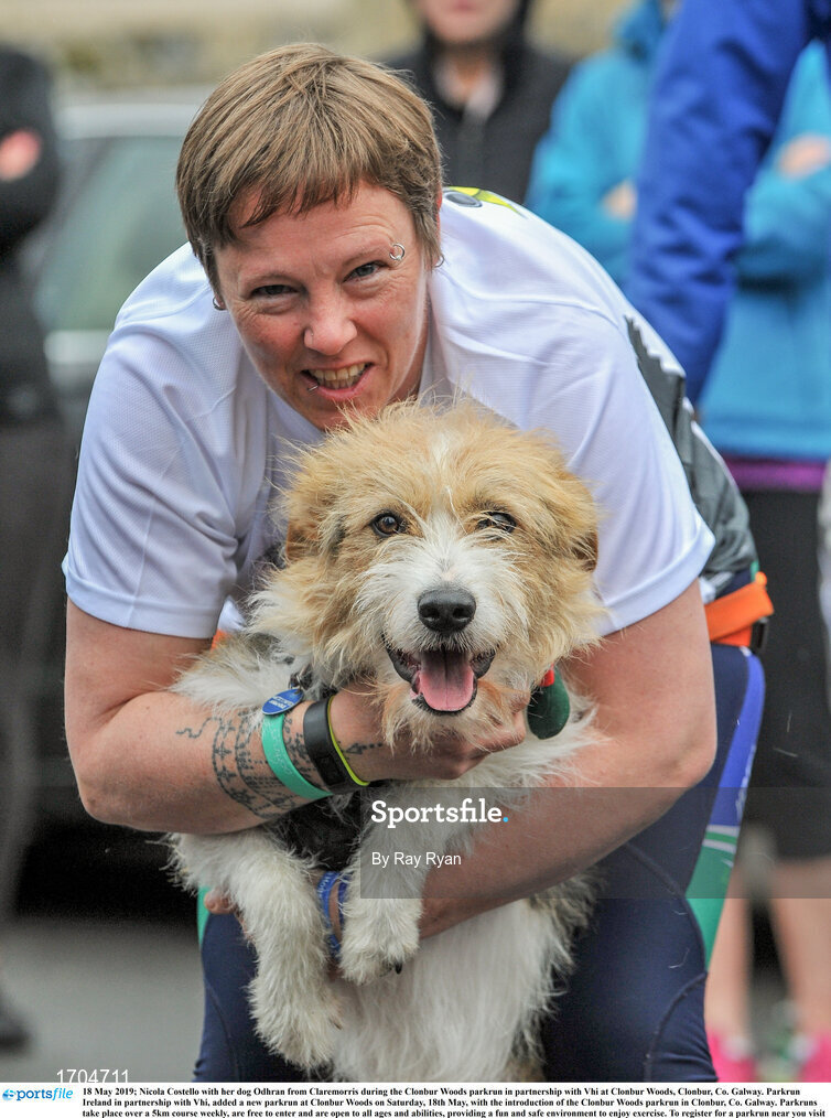 18 May 2019; Nicola Costello with her dog Odhran from Claremorris during the Clonbur Woods parkrun in partnership with Vhi at Clonbur Woods, Clonbur, Co. Galway. Parkrun Ireland in partnership with Vhi, added a new parkrun at Clonbur Woods on Saturday, 18th May, with the introduction of the Clonbur Woods parkrun in Clonbur, Co. Galway. Parkruns take place over a 5km course weekly, are free to enter and are open to all ages and abilities, providing a fun and safe environment to enjoy exercise. To register for a parkrun near you visit www.parkrun.ie. Photo by Ray Ryan/Sportsfile