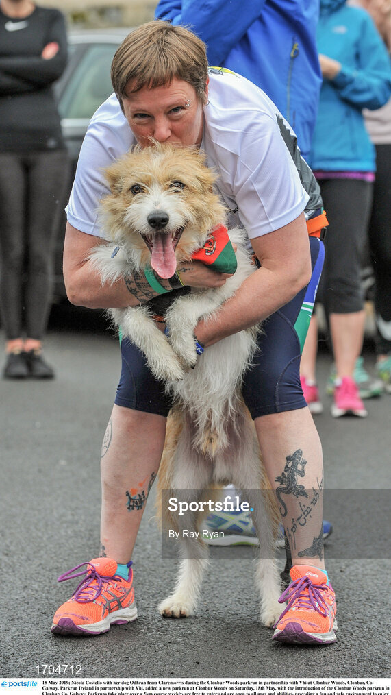 18 May 2019; Nicola Costello with her dog Odhran from Claremorris during the Clonbur Woods parkrun in partnership with Vhi at Clonbur Woods, Clonbur, Co. Galway. Parkrun Ireland in partnership with Vhi, added a new parkrun at Clonbur Woods on Saturday, 18th May, with the introduction of the Clonbur Woods parkrun in Clonbur, Co. Galway. Parkruns take place over a 5km course weekly, are free to enter and are open to all ages and abilities, providing a fun and safe environment to enjoy exercise. To register for a parkrun near you visit www.parkrun.ie. Photo by Ray Ryan/Sportsfile