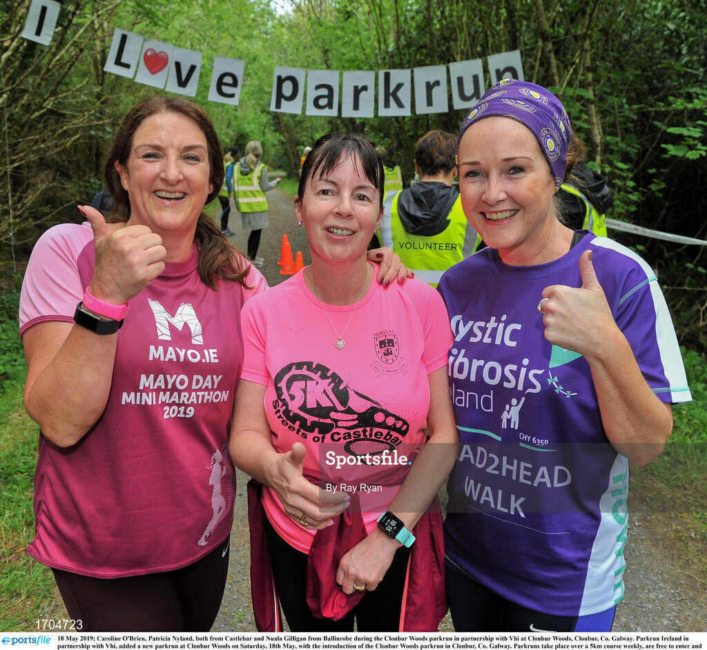 18 May 2019; Caroline O'Brien, Patricia Nyland, both from Castlebar and Nuala Gilligan from Ballinrobe during the Clonbur Woods parkrun in partnership with Vhi at Clonbur Woods, Clonbur, Co. Galway. Parkrun Ireland in partnership with Vhi, added a new parkrun at Clonbur Woods on Saturday, 18th May, with the introduction of the Clonbur Woods parkrun in Clonbur, Co. Galway. Parkruns take place over a 5km course weekly, are free to enter and are open to all ages and abilities, providing a fun and safe environment to enjoy exercise. To register for a parkrun near you visit www.parkrun.ie. Photo by Ray Ryan/Sportsfile