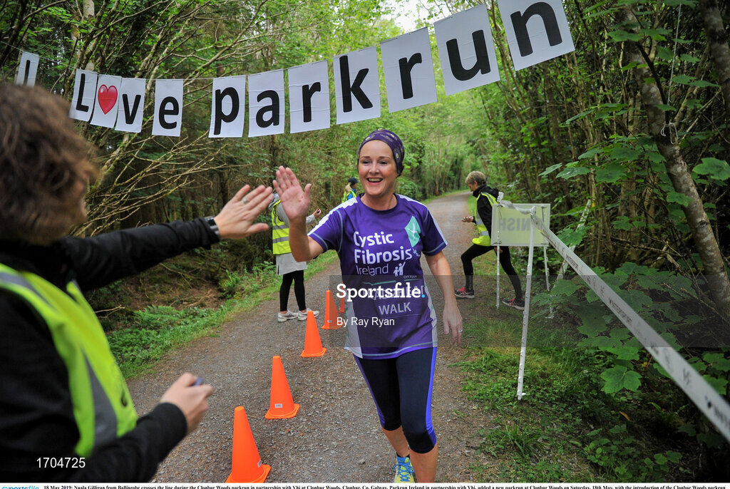 18 May 2019; Nuala Gilligan from Ballinrobe crosses the line during the Clonbur Woods parkrun in partnership with Vhi at Clonbur Woods, Clonbur, Co. Galway. Parkrun Ireland in partnership with Vhi, added a new parkrun at Clonbur Woods on Saturday, 18th May, with the introduction of the Clonbur Woods parkrun in Clonbur, Co. Galway. Parkruns take place over a 5km course weekly, are free to enter and are open to all ages and abilities, providing a fun and safe environment to enjoy exercise. To register for a parkrun near you visit www.parkrun.ie. Photo by Ray Ryan/Sportsfile