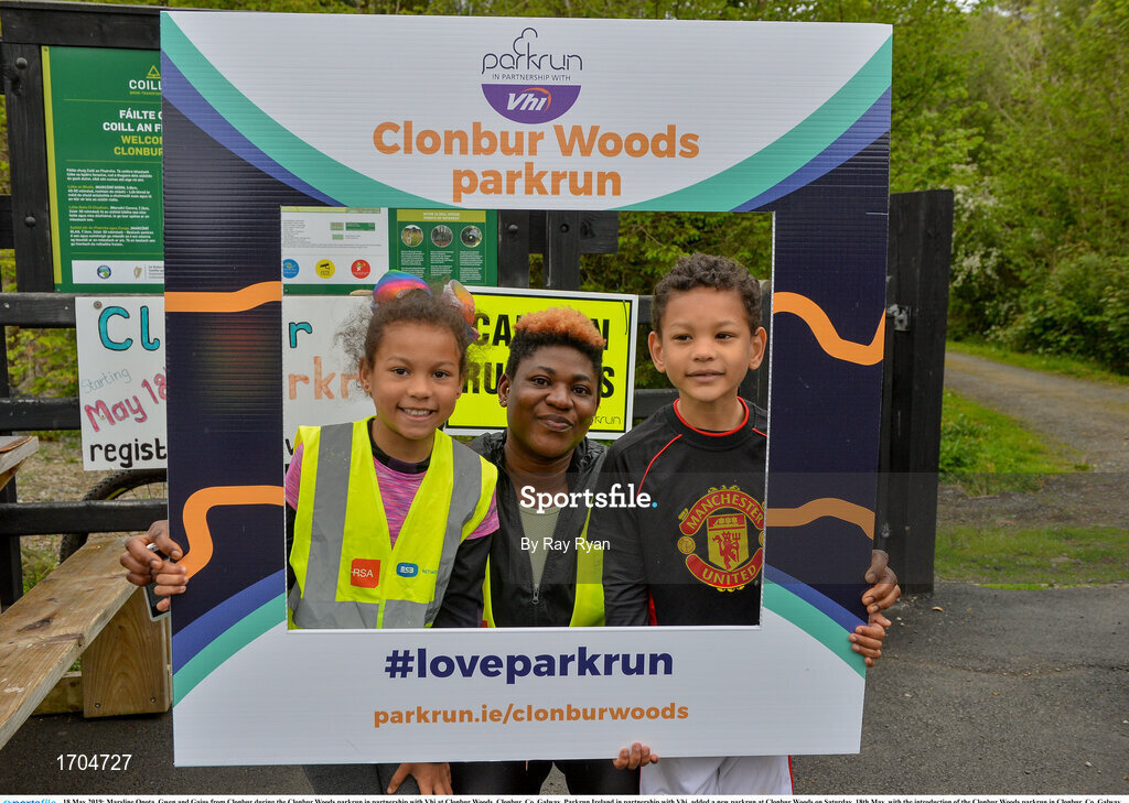 18 May 2019; Marsline Onota, Gwen and Gaius from Clonbur during the Clonbur Woods parkrun in partnership with Vhi at Clonbur Woods, Clonbur, Co. Galway. Parkrun Ireland in partnership with Vhi, added a new parkrun at Clonbur Woods on Saturday, 18th May, with the introduction of the Clonbur Woods parkrun in Clonbur, Co. Galway. Parkruns take place over a 5km course weekly, are free to enter and are open to all ages and abilities, providing a fun and safe environment to enjoy exercise. To register for a parkrun near you visit www.parkrun.ie. Photo by Ray Ryan/Sportsfile