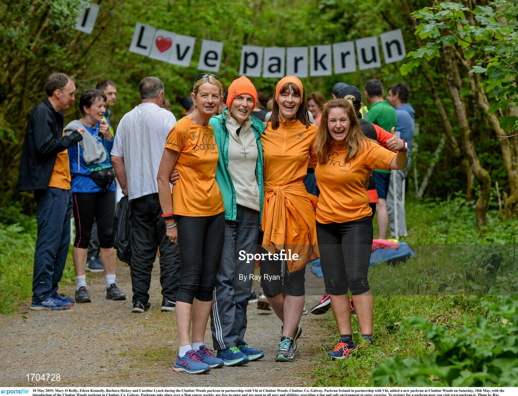 18 May 2019; Mary O Reilly, Eileen Kennelly, Barbara Hickey and Caroline Lynch during the Clonbur Woods parkrun in partnership with Vhi at Clonbur Woods, Clonbur, Co. Galway. Parkrun Ireland in partnership with Vhi, added a new parkrun at Clonbur Woods on Saturday, 18th May, with the introduction of the Clonbur Woods parkrun in Clonbur, Co. Galway. Parkruns take place over a 5km course weekly, are free to enter and are open to all ages and abilities, providing a fun and safe environment to enjoy exercise. To register for a parkrun near you visit www.parkrun.ie. Photo by Ray Ryan/Sportsfile