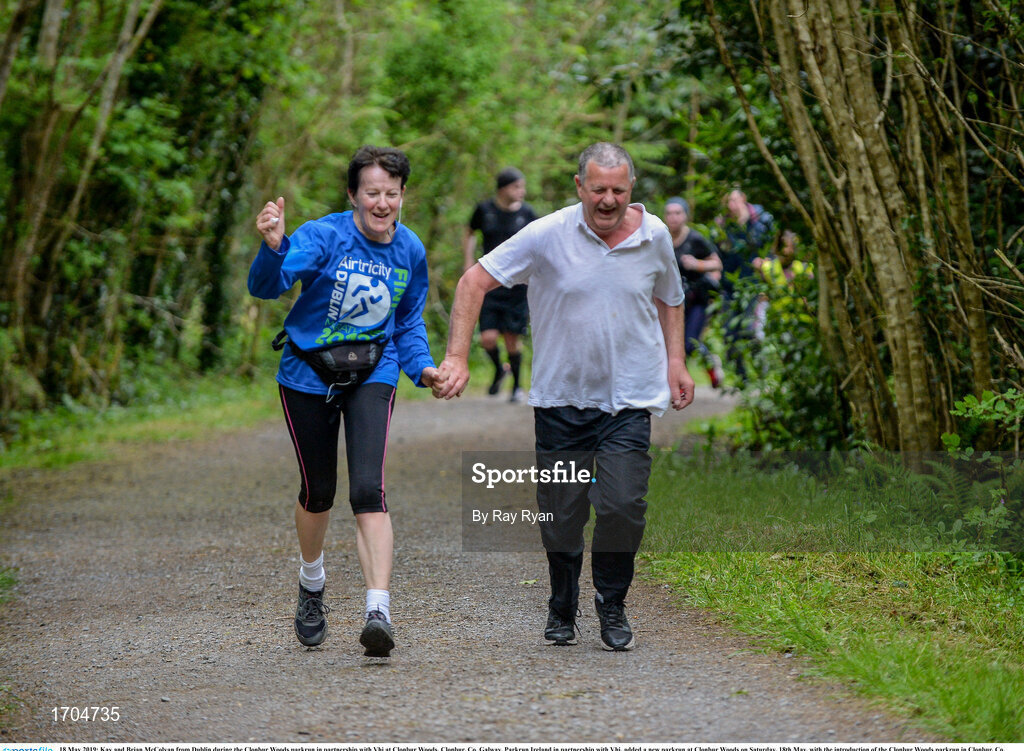 18 May 2019; Kay and Brian McColvan from Dublin during the Clonbur Woods parkrun in partnership with Vhi at Clonbur Woods, Clonbur, Co. Galway. Parkrun Ireland in partnership with Vhi, added a new parkrun at Clonbur Woods on Saturday, 18th May, with the introduction of the Clonbur Woods parkrun in Clonbur, Co. Galway. Parkruns take place over a 5km course weekly, are free to enter and are open to all ages and abilities, providing a fun and safe environment to enjoy exercise. To register for a parkrun near you visit www.parkrun.ie. Photo by Ray Ryan/Sportsfile