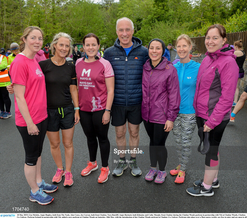 18 May 2019; Lisa Mylotte, Angie Hughes, both from The Neale, Aine Casey, Joe Curran, both from Clonbur, Nora Ratcliff, Angie Hartnett, both Kilmaine and Cathy Murphy from Clonbur during the Clonbur Woods parkrun in partnership with Vhi at Clonbur Woods, Clonbur, Co. Galway. Parkrun Ireland in partnership with Vhi, added a new parkrun at Clonbur Woods on Saturday, 18th May, with the introduction of the Clonbur Woods parkrun in Clonbur, Co. Galway. Parkruns take place over a 5km course weekly, are free to enter and are open to all ages and abilities, providing a fun and safe environment to enjoy exercise. To register for a parkrun near you visit www.parkrun.ie. Photo by Ray Ryan/Sportsfile