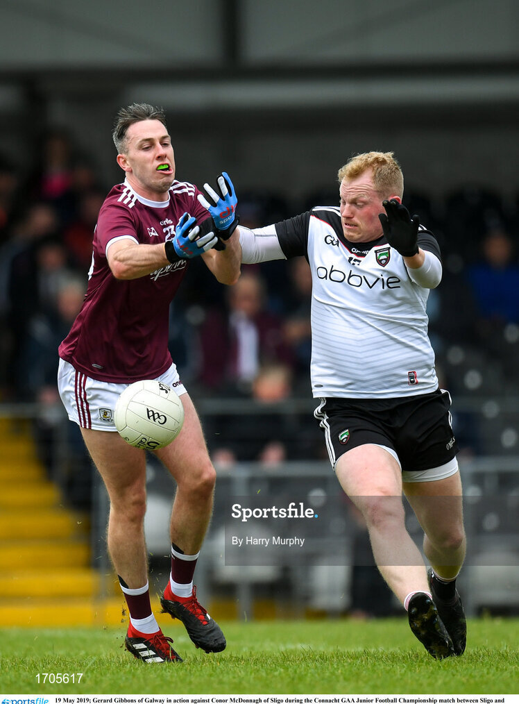19 May 2019; Gerard Gibbons of Galway in action against Conor McDonnagh of Sligo during the Connacht GAA Junior Football Championship match between Sligo and Galway at Markievicz Park in Sligo. Photo by Harry Murphy/Sportsfile