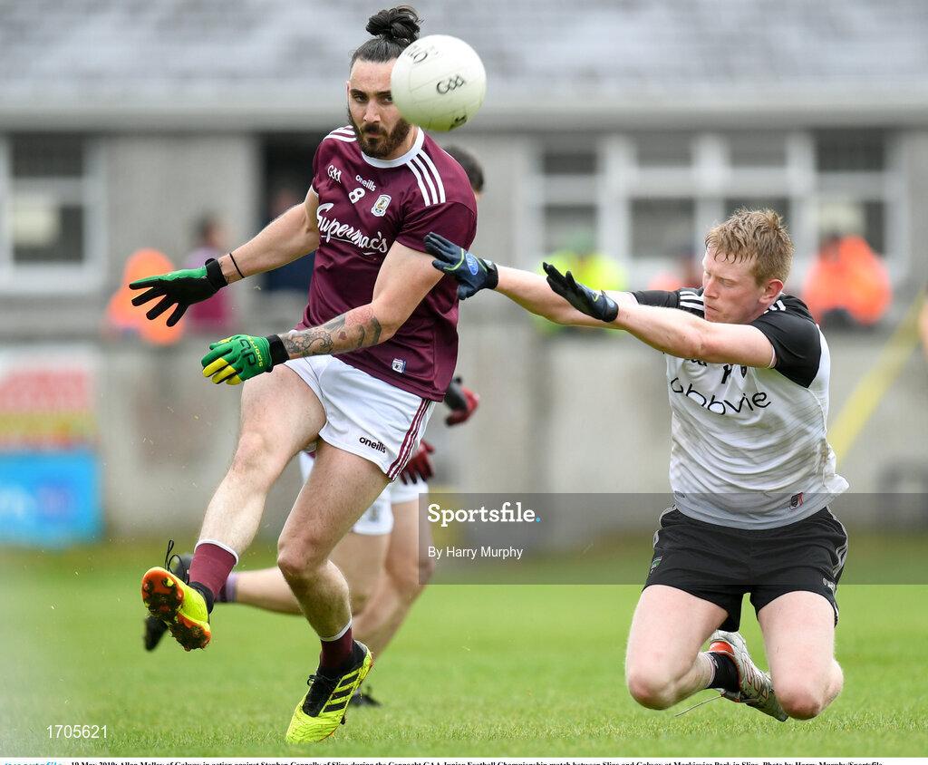 19 May 2019; Allan Molloy of Galway in action against Stephen Connolly of Sligo during the Connacht GAA Junior Football Championship match between Sligo and Galway at Markievicz Park in Sligo. Photo by Harry Murphy/Sportsfile