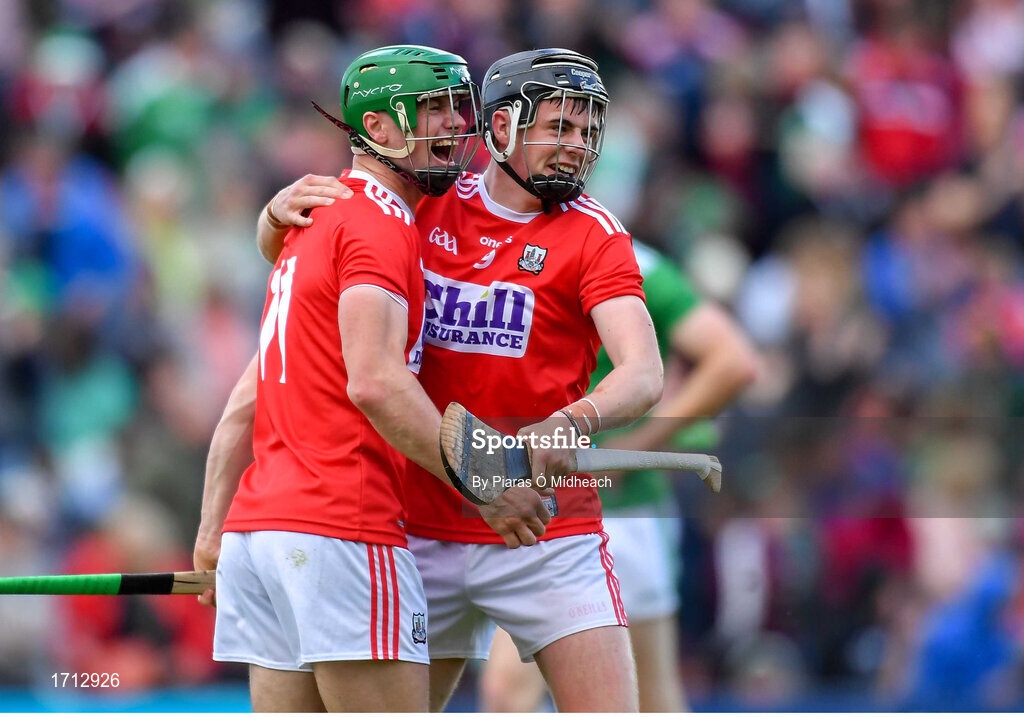 19 May 2019; Cork players Séamus Harnedy, left, and Darragh Fitzgibbon celebrate after the Munster GAA Hurling Senior Championship Round 2 match between Limerick and Cork at the LIT Gaelic Grounds in Limerick. Photo by Piaras Ó Mídheach/Sportsfile
