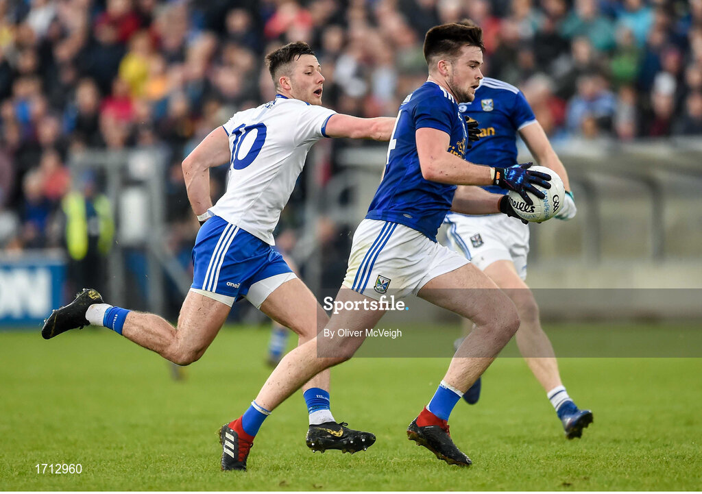 18 May 2019; Thomas Galligan of Cavan in action against Dessie Ward of Monaghan during the Ulster GAA Football Senior Championship quarter-final match between Cavan and Monaghan at Kingspan Breffni in Cavan. Photo by Oliver McVeigh/Sportsfile