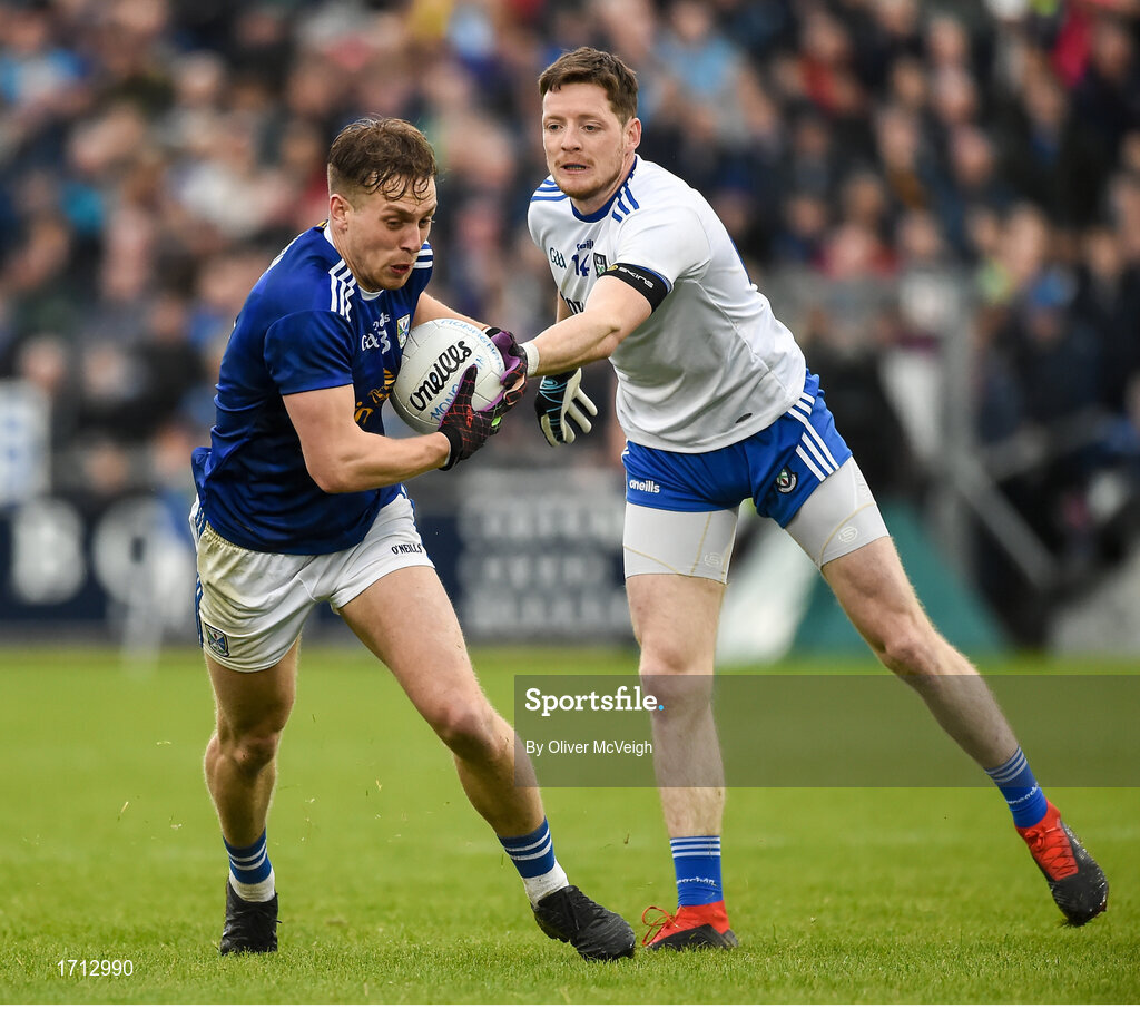 18 May 2019; Padraig Faulkner of Cavan in action against Conor McManus of Monaghan during the Ulster GAA Football Senior Championship quarter-final match between Cavan and Monaghan at Kingspan Breffni in Cavan. Photo by Oliver McVeigh/Sportsfile