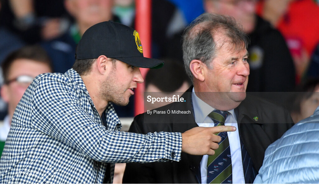 19 May 2019; Singer Niall Horan with businessman JP McManus in attendance at the Munster GAA Hurling Senior Championship Round 2 match between Limerick and Cork at the LIT Gaelic Grounds in Limerick. Photo by Piaras Ó Mídheach/Sportsfile