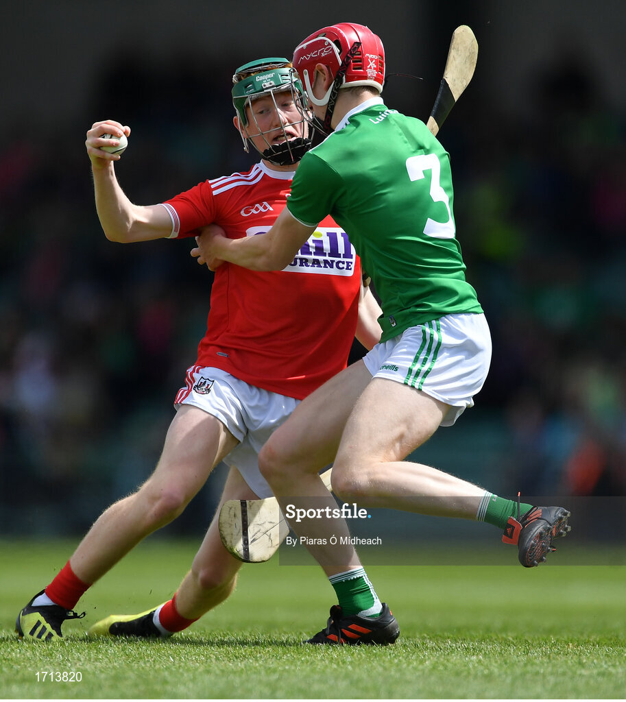 19 May 2019; Jack Cahalane of Cork in action against Michael Keane of Limerick during the Electric Ireland Munster Minor Hurling Championship match between Limerick and Cork at the LIT Gaelic Grounds in Limerick. Photo by Piaras Ó Mídheach/Sportsfile